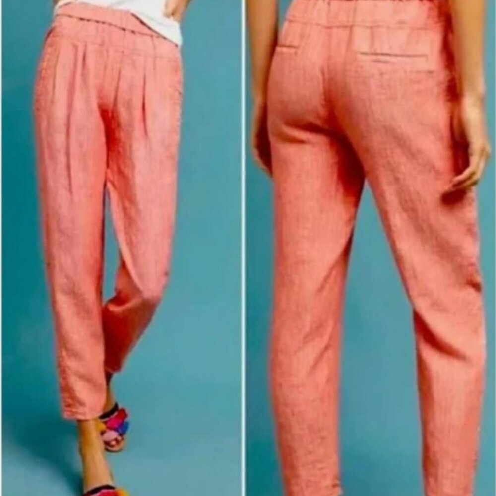 Anthropologie Coral Pink Linen-Blend Tapered Pants
